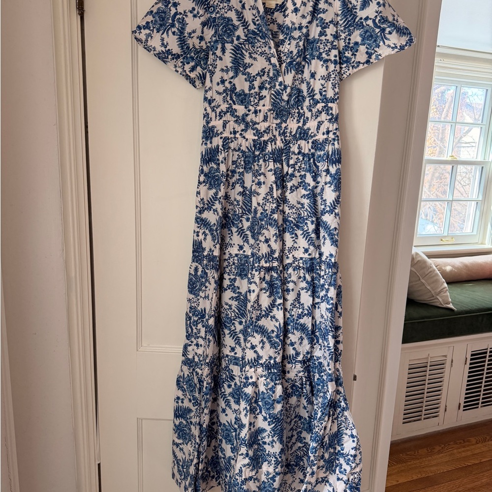Anthropologie Maeve Blue and White Patterned Dress